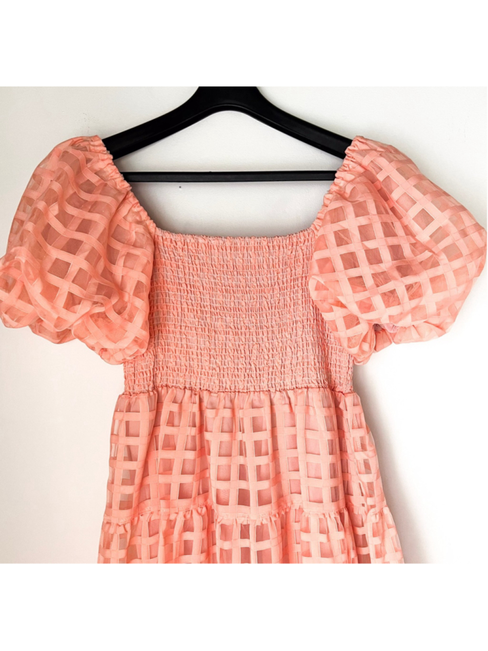 Gingham & Heels Bianna Pink/Coral Puff Sleeve Midi Dress Coquette Cottagecore 10 - Picture 5 of 12
